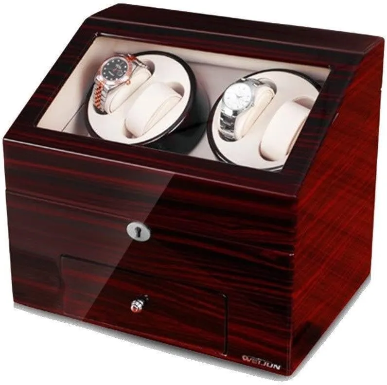 and Piano Paint Finish(Wood) Luxury High Gloss Automatic Watch Winder Box with Drawer aphid salmonberry teem for 4 Watches, Silent Motor, 5 Timer Modes, Anti-Magnetic, 