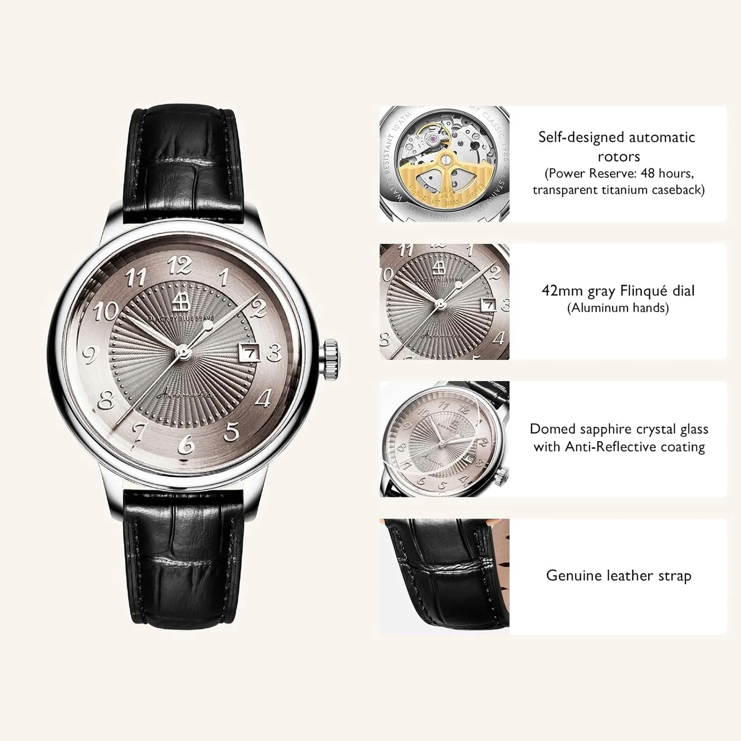 Arabic Automatic 42mm : careless disillusion Flinqu?? Arabic Dial Black Genuine Leather Strap Dress Watch Watches for Men Automatic Classic 1986 