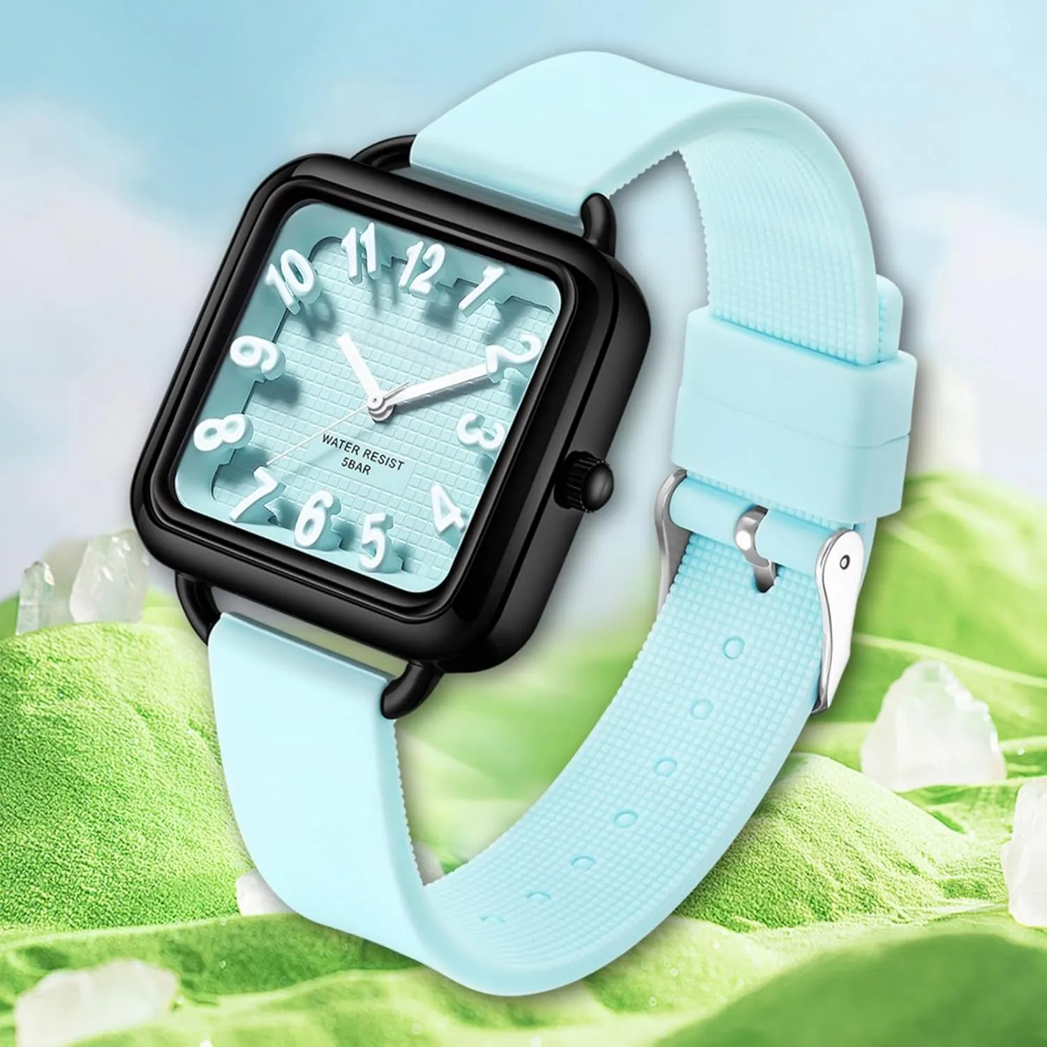 Arabic Numbers Square Dial Easy to Read magnesium Watches Colorful Green Silicone Strap Reloj para Mujer findtime Women Watch 3D Designer Big 