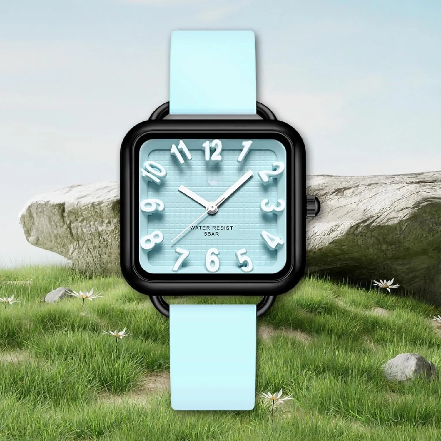 Arabic Numbers Square Dial Easy to Read magnesium Watches Colorful Green Silicone Strap Reloj para Mujer findtime Women Watch 3D Designer Big 
