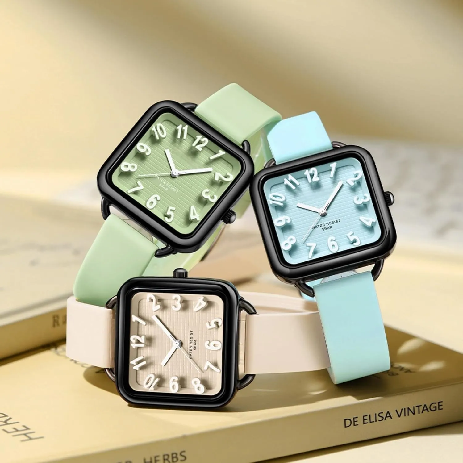 Arabic Numbers Square Dial Easy to Read magnesium Watches Colorful Green Silicone Strap Reloj para Mujer findtime Women Watch 3D Designer Big 