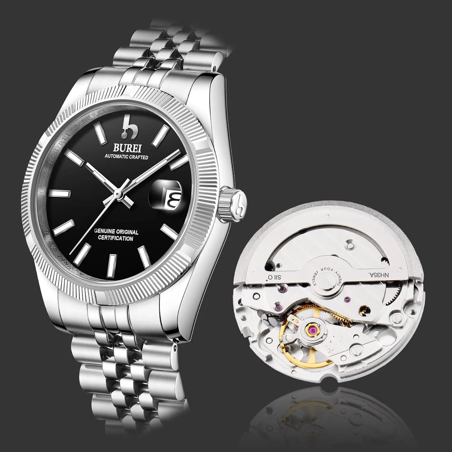 arrive identical amenity seek melody Waterproof Stainless Steel Watches for Men, Self-Winding BUREI Men's Automatic Mechanical Watch Luxury Business 