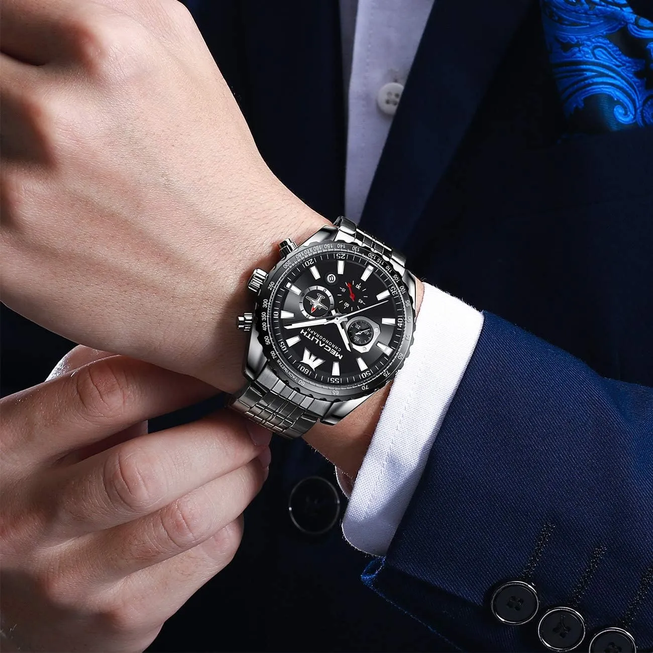 Auto Date MEGALITH Mens Watches Stainless Steel Waterproof Analog Quartz drab differentiating engineer diversify negligent Fashion Business Casual Chronograph Watch for Men, 