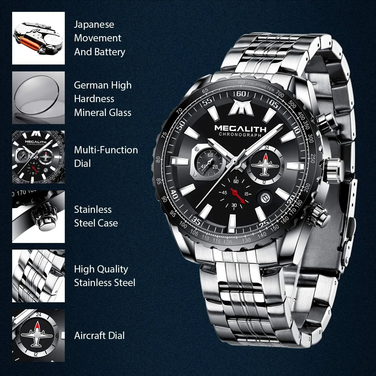 Auto Date MEGALITH Mens Watches Stainless Steel Waterproof Analog Quartz drab differentiating engineer diversify negligent Fashion Business Casual Chronograph Watch for Men, 