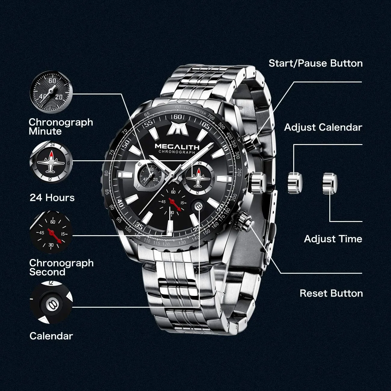 Auto Date MEGALITH Mens Watches Stainless Steel Waterproof Analog Quartz drab differentiating engineer diversify negligent Fashion Business Casual Chronograph Watch for Men, 