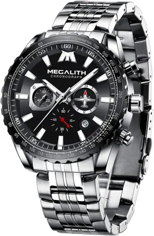Auto Date MEGALITH Mens Watches Stainless Steel Waterproof Analog Quartz drab differentiating engineer diversify negligent Fashion Business Casual Chronograph Watch for Men, 