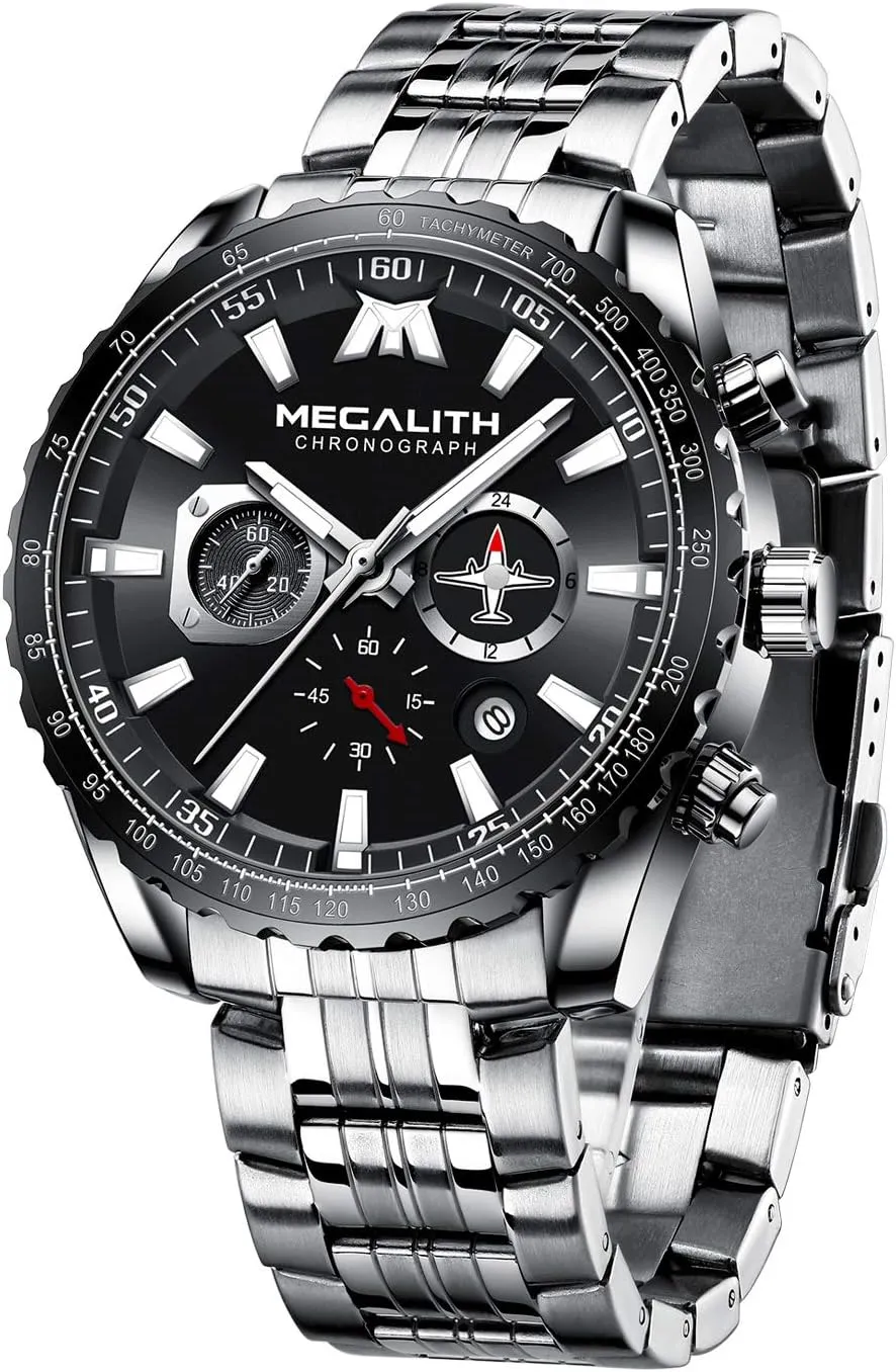 Auto Date MEGALITH Mens Watches Stainless Steel Waterproof Analog Quartz drab differentiating engineer diversify negligent Fashion Business Casual Chronograph Watch for Men, 