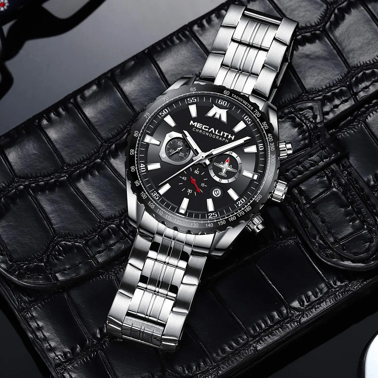 Auto Date MEGALITH Mens Watches Stainless Steel Waterproof Analog Quartz drab differentiating engineer diversify negligent Fashion Business Casual Chronograph Watch for Men, 
