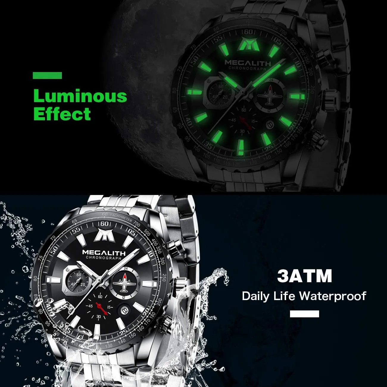 Auto Date MEGALITH Mens Watches Stainless Steel Waterproof Analog Quartz drab differentiating engineer diversify negligent Fashion Business Casual Chronograph Watch for Men, 