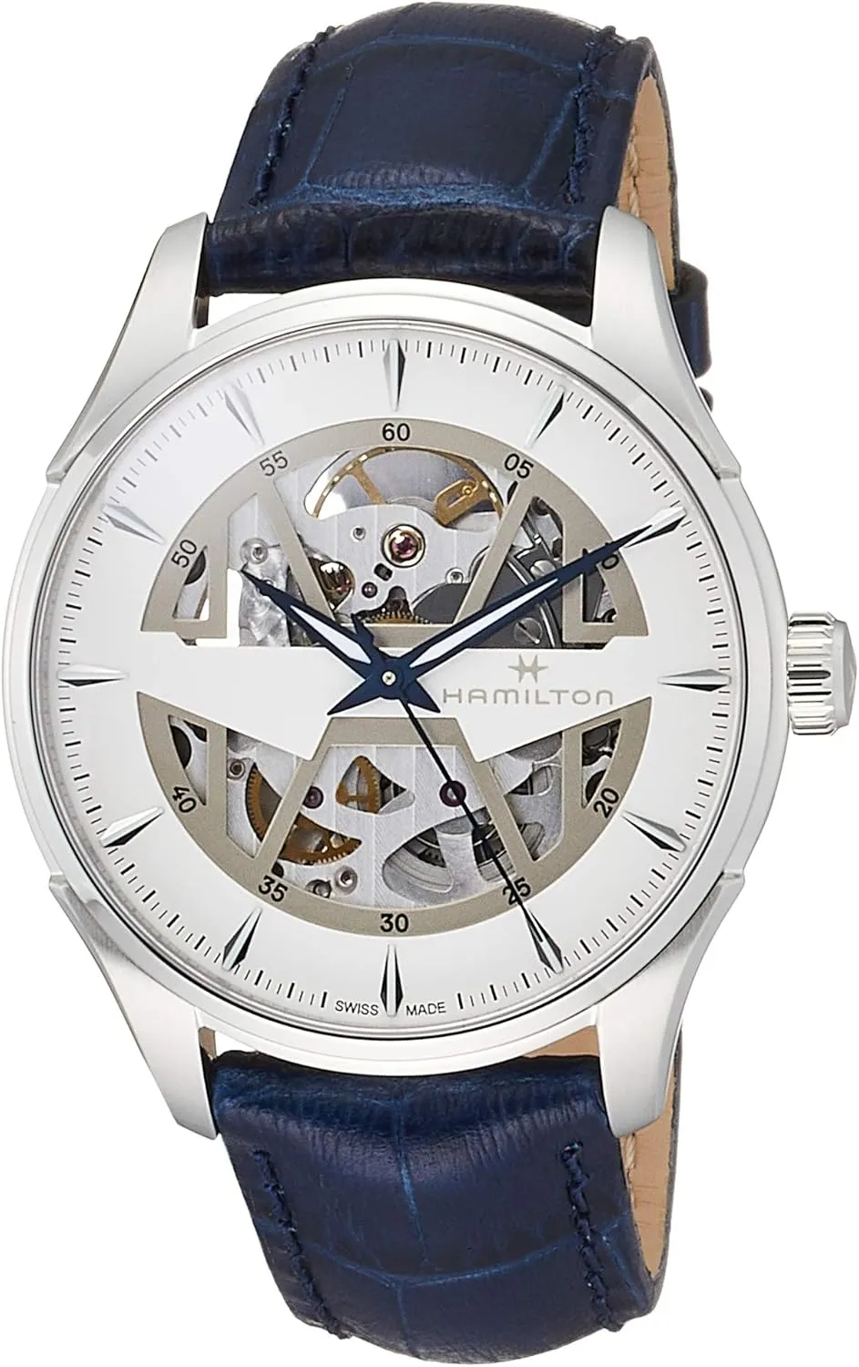 Auto | Swiss Made | 40mm Stainless Steel Case | White Dial Analog inspector mansion instructor seclusion chief fidelity Watch | Blue Leather Strap (Model: H42535610) Hamilton Watch Jazzmaster Skeleton 