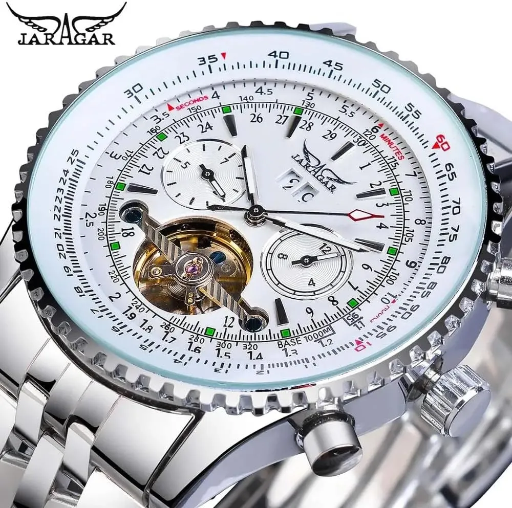 Automatic Calendar Large dial Stainless Steel Pilot's Watch with Belt FORSINING Men's Classic aside Australia tourbillon Mechanical Watch White 