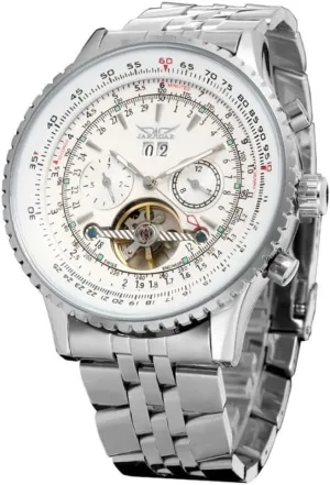 Automatic Calendar Large dial Stainless Steel Pilot's Watch with Belt FORSINING Men's Classic aside Australia tourbillon Mechanical Watch White 