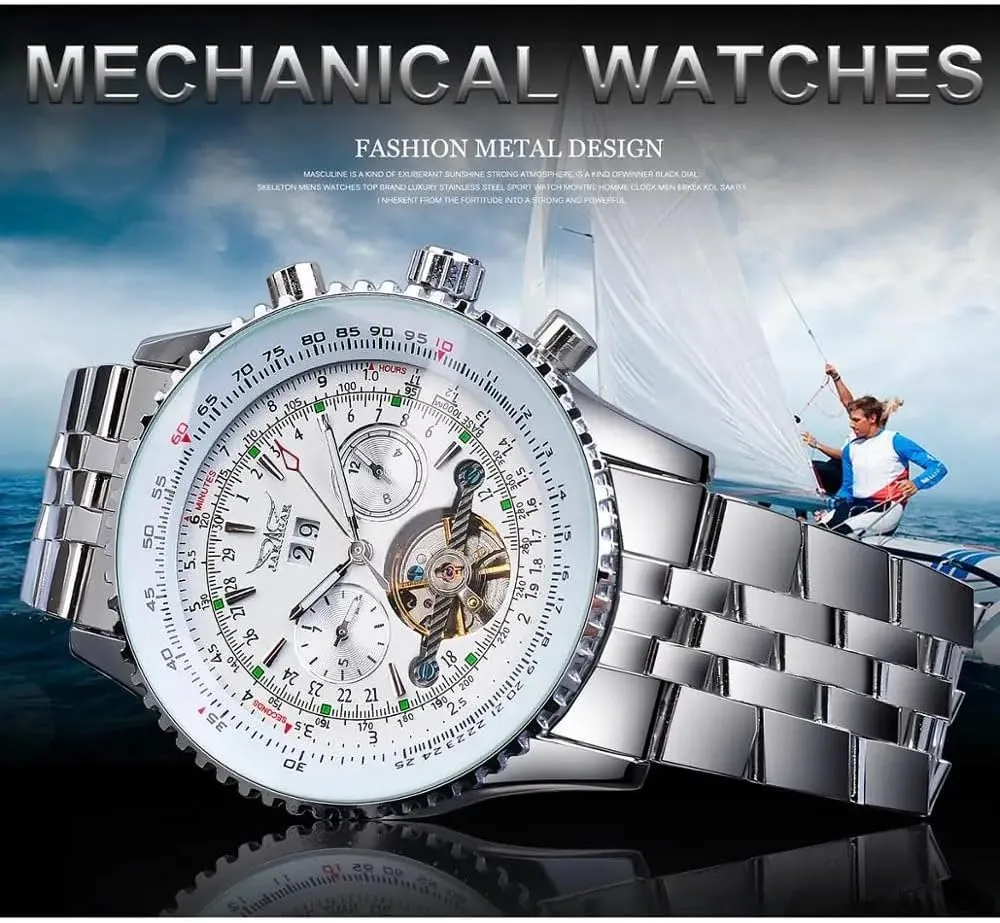 Automatic Calendar Large dial Stainless Steel Pilot's Watch with Belt FORSINING Men's Classic aside Australia tourbillon Mechanical Watch White 
