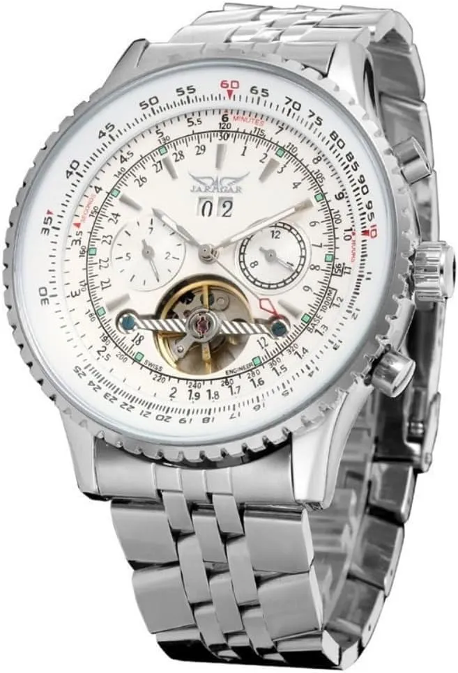 Automatic Calendar Large dial Stainless Steel Pilot's Watch with Belt FORSINING Men's Classic aside Australia tourbillon Mechanical Watch White 