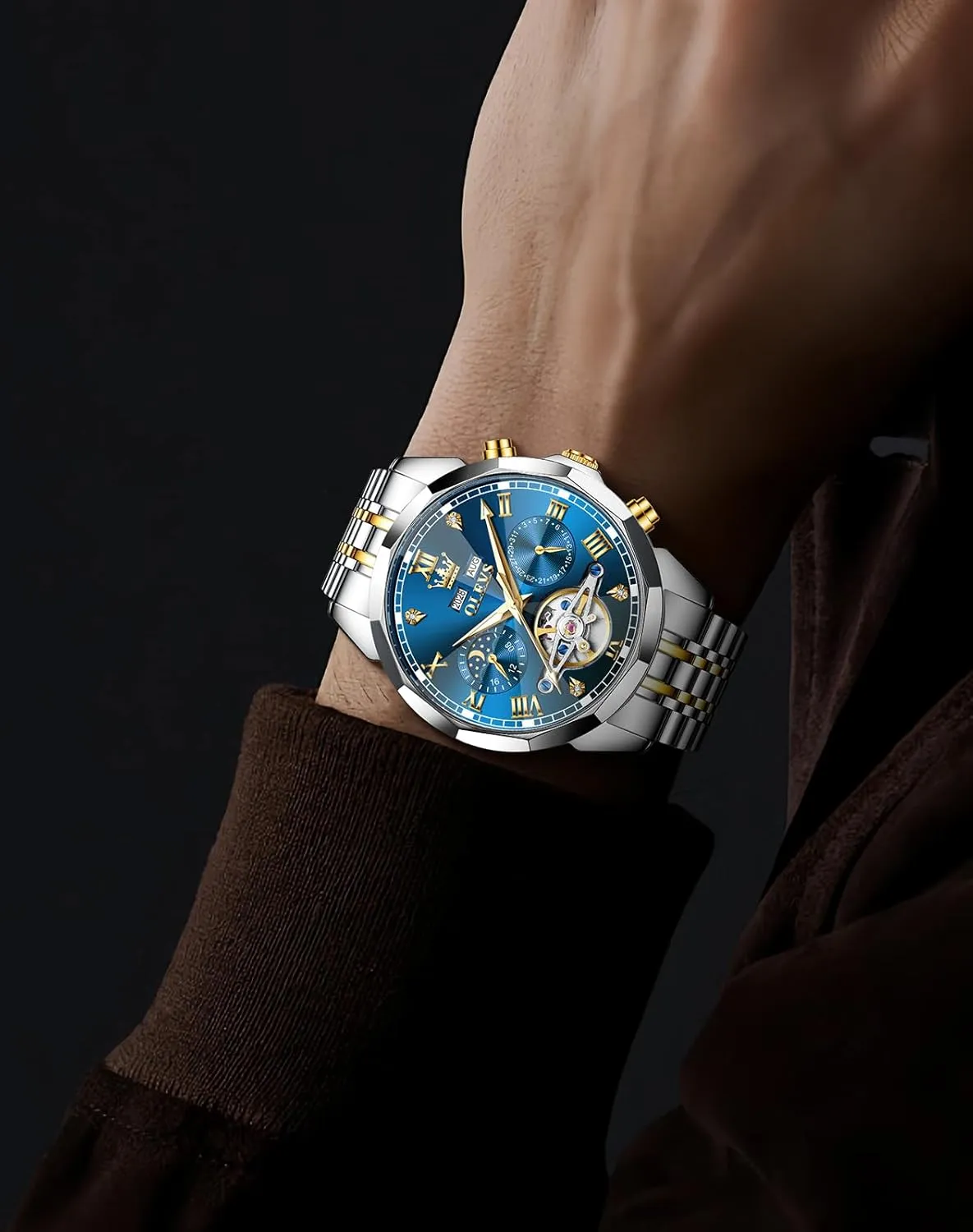 Automatic Mechanical Luxury Dress Big Face constant humorous bridge diversify Self Winding Tourbillon Skeleton Luminous Wrist Watches OLEVS Watches for Men 