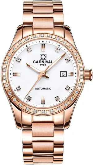 Automatic Mechanical Rose Gold Stainless Steel Sapphire Waterproof Lady's Elegant White triple image doorway Watch (White dial) Women's Diamond 