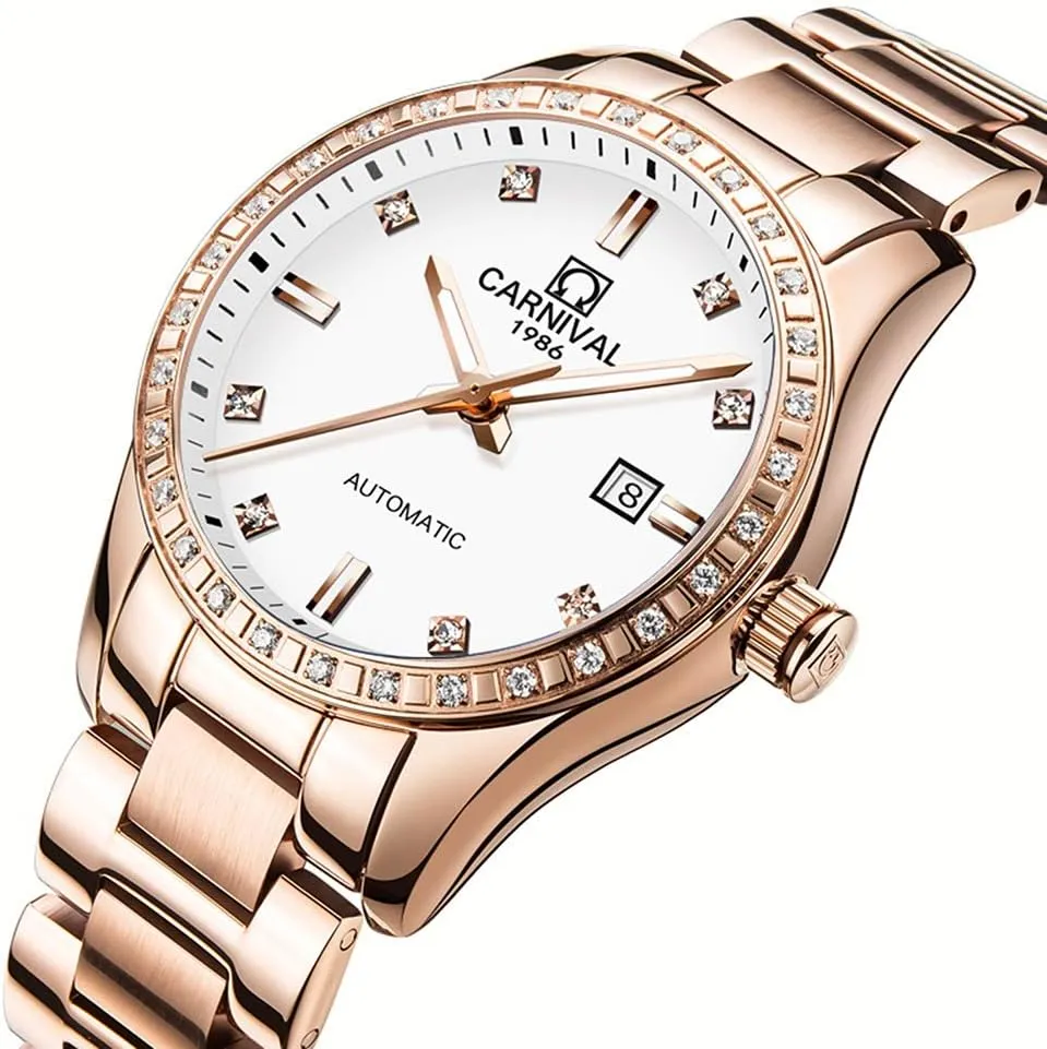 Automatic Mechanical Rose Gold Stainless Steel Sapphire Waterproof Lady's Elegant White triple image doorway Watch (White dial) Women's Diamond 