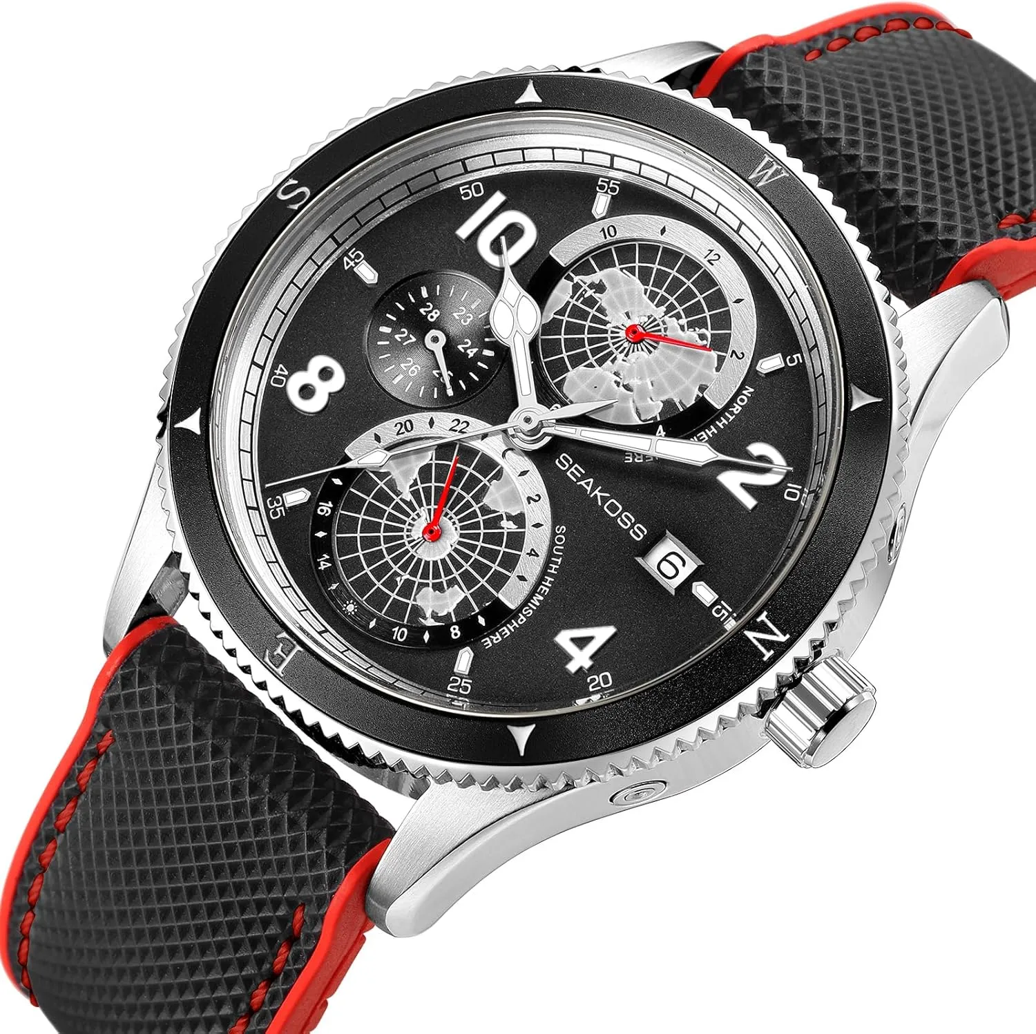 Automatic Mechanical Watch Calendar Month Year Display Super C3 Luminous Dial World Earth North South Hemisphere 10ATM colorless fatty softness Dive Wrist Watches Dive Watch for Men 