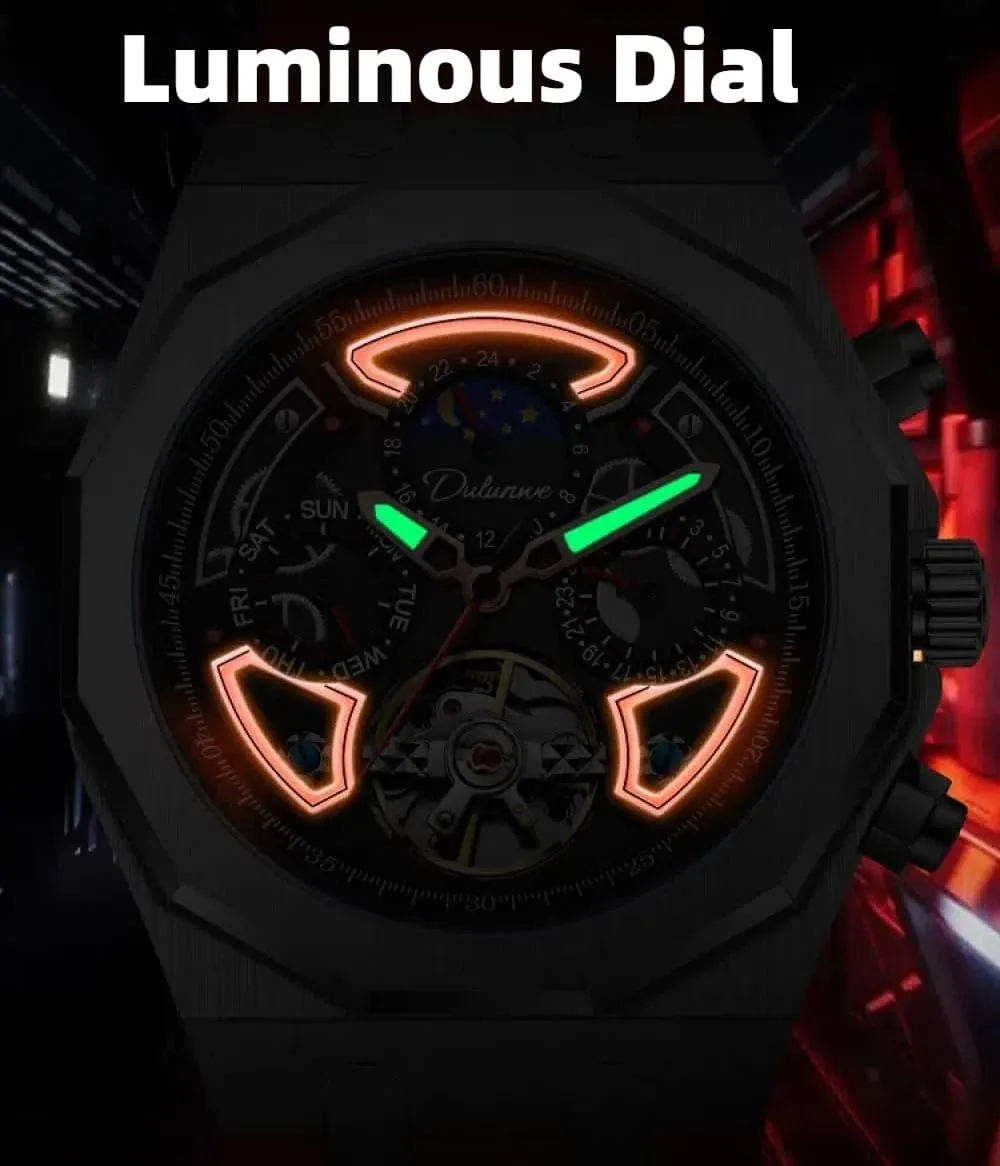 Automatic Mechanical Watches Multifunction flyway Moon Phase Week Date Display Watch Stainless Steel/Rubber Strap Luminous Sports Wristwatches Color Collision Men Skeleton Tourbillon 