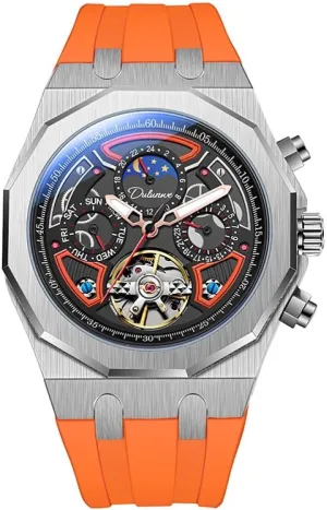 Automatic Mechanical Watches Multifunction flyway Moon Phase Week Date Display Watch Stainless Steel/Rubber Strap Luminous Sports Wristwatches Color Collision Men Skeleton Tourbillon 