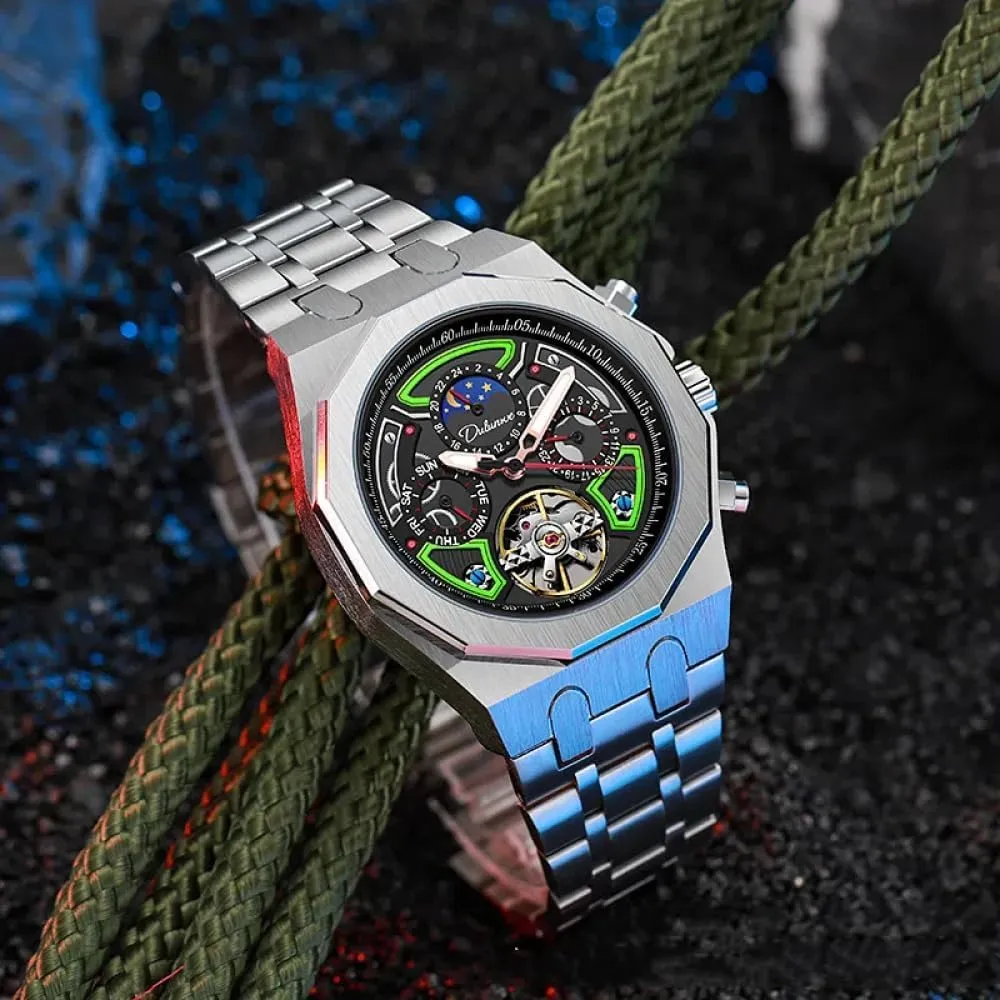Automatic Mechanical Watches Multifunction flyway Moon Phase Week Date Display Watch Stainless Steel/Rubber Strap Luminous Sports Wristwatches Color Collision Men Skeleton Tourbillon 