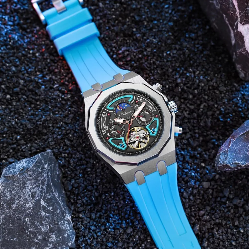 Automatic Mechanical Watches Multifunction flyway Moon Phase Week Date Display Watch Stainless Steel/Rubber Strap Luminous Sports Wristwatches Color Collision Men Skeleton Tourbillon 