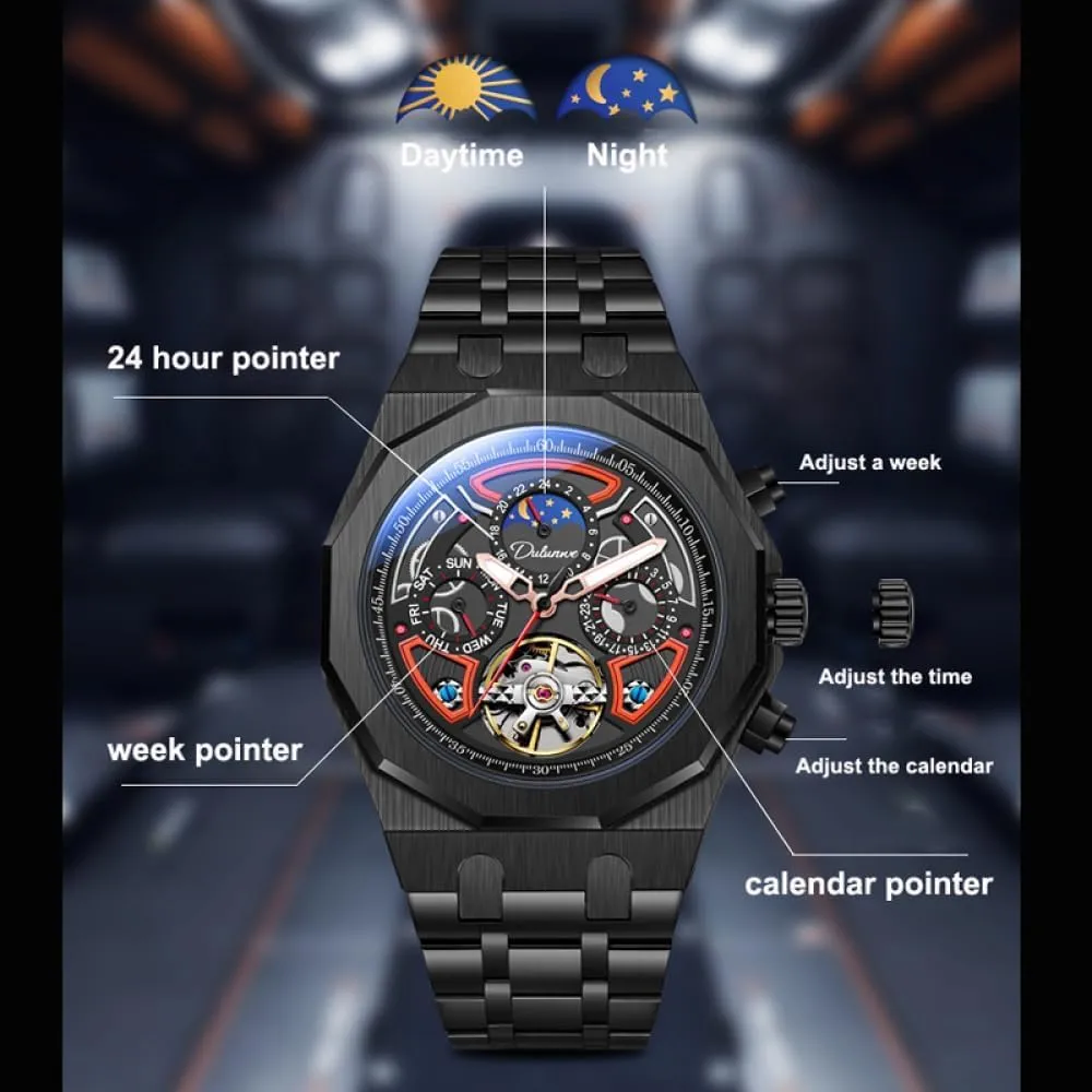 Automatic Mechanical Watches Multifunction flyway Moon Phase Week Date Display Watch Stainless Steel/Rubber Strap Luminous Sports Wristwatches Color Collision Men Skeleton Tourbillon 
