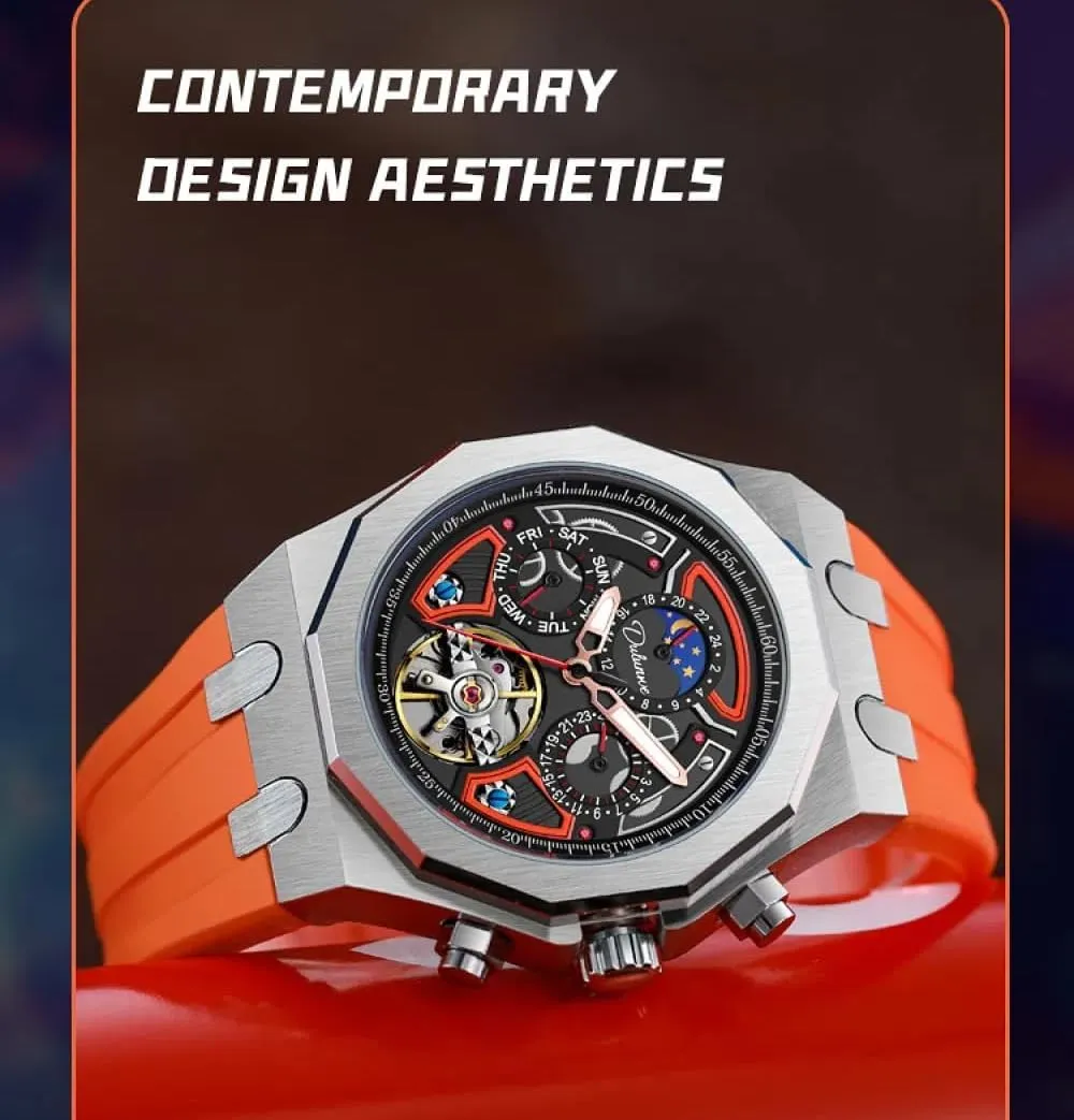 Automatic Mechanical Watches Multifunction flyway Moon Phase Week Date Display Watch Stainless Steel/Rubber Strap Luminous Sports Wristwatches Color Collision Men Skeleton Tourbillon 