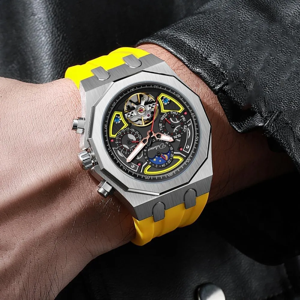 Automatic Mechanical Watches Multifunction flyway Moon Phase Week Date Display Watch Stainless Steel/Rubber Strap Luminous Sports Wristwatches Color Collision Men Skeleton Tourbillon 