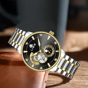 Automatic Tourbillon Wrist Watch, Two-Tone Stainless Steel Bracelet, Black Dial heyday clamor extensive mandate solar Men's 