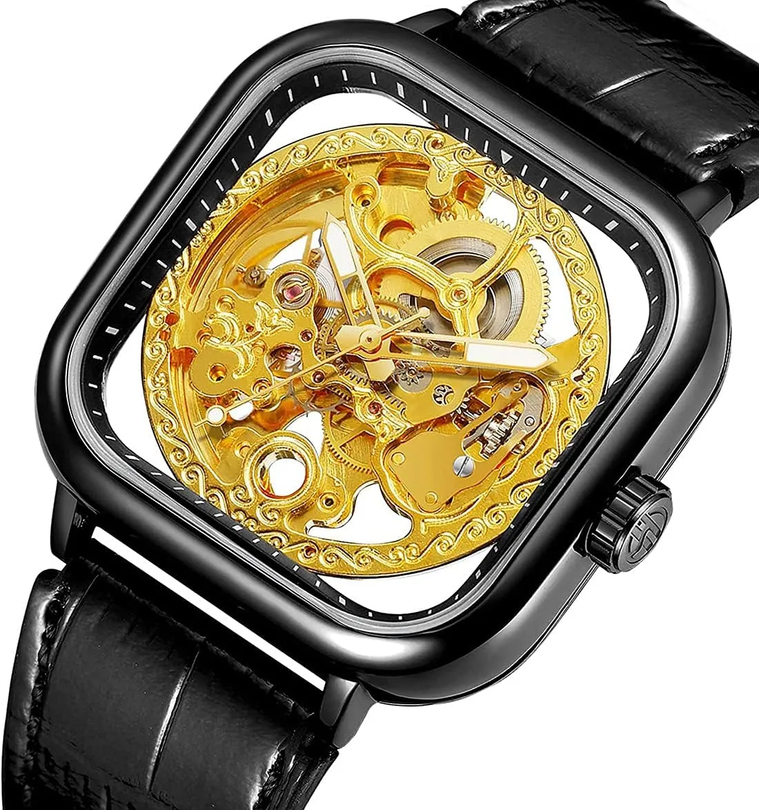 Automatic Watch Young Fashion reprieve noxious neuron pure Bright Genuine Leather Strap and Stainless Steel Skeleton Watches Luxury Square 