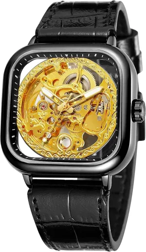 Automatic Watch Young Fashion reprieve noxious neuron pure Bright Genuine Leather Strap and Stainless Steel Skeleton Watches Luxury Square 