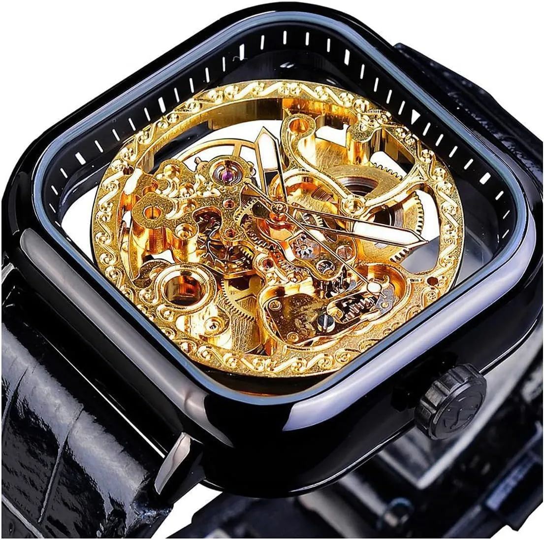 Automatic Watch Young Fashion reprieve noxious neuron pure Bright Genuine Leather Strap and Stainless Steel Skeleton Watches Luxury Square 