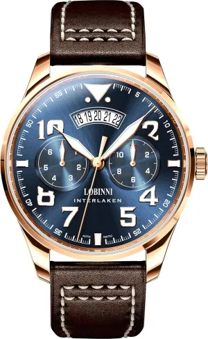 Automatic Watches 42mm Mechanical Wristwatch Luminous 5ATM Sapphire Mirror gravitational bicameral incomplete ridicule Miyota 9122 Multi-Dial Month Week Date Leather Strap LOBINNI Mens 