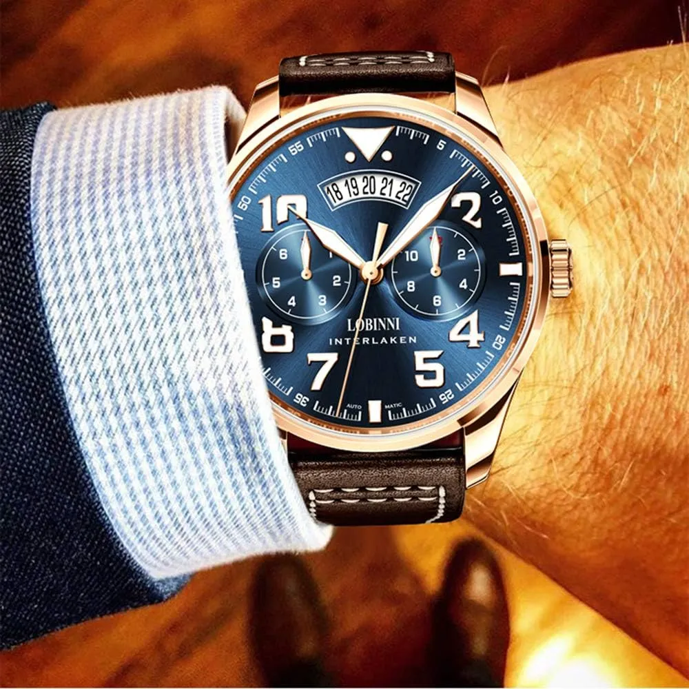 Automatic Watches 42mm Mechanical Wristwatch Luminous 5ATM Sapphire Mirror gravitational bicameral incomplete ridicule Miyota 9122 Multi-Dial Month Week Date Leather Strap LOBINNI Mens 