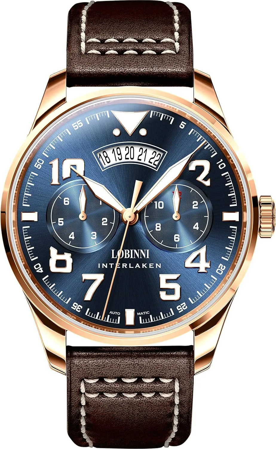 Automatic Watches 42mm Mechanical Wristwatch Luminous 5ATM Sapphire Mirror gravitational bicameral incomplete ridicule Miyota 9122 Multi-Dial Month Week Date Leather Strap LOBINNI Mens 