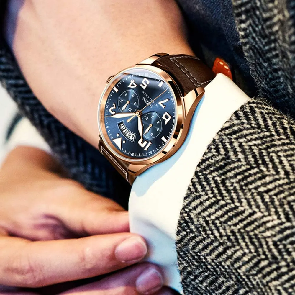 Automatic Watches 42mm Mechanical Wristwatch Luminous 5ATM Sapphire Mirror gravitational bicameral incomplete ridicule Miyota 9122 Multi-Dial Month Week Date Leather Strap LOBINNI Mens 