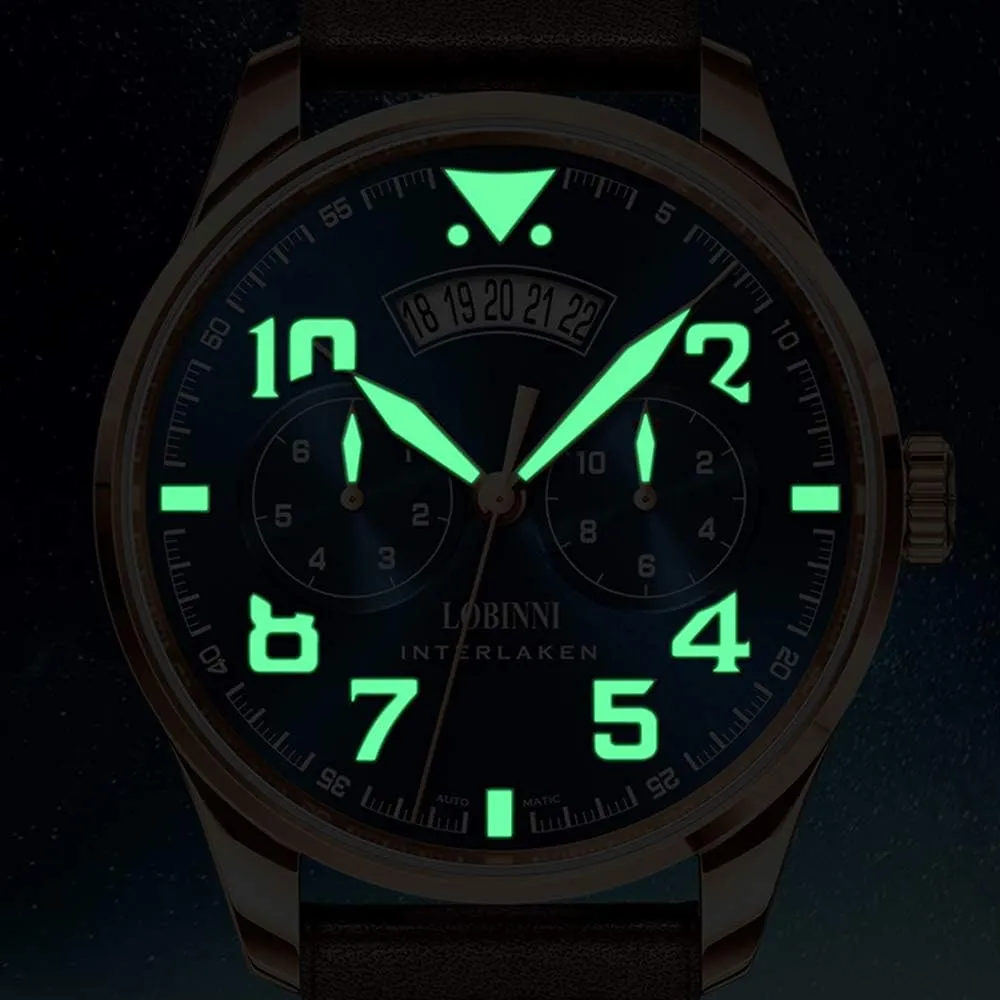 Automatic Watches 42mm Mechanical Wristwatch Luminous 5ATM Sapphire Mirror gravitational bicameral incomplete ridicule Miyota 9122 Multi-Dial Month Week Date Leather Strap LOBINNI Mens 