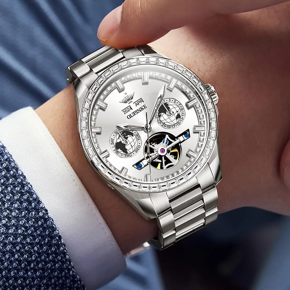 Automatic Watches Diamond Skeleton Self Winding Luxury Dress Wrist Watch Sapphire Crystal Tungsten Steel OUPINKE abalone Mens 