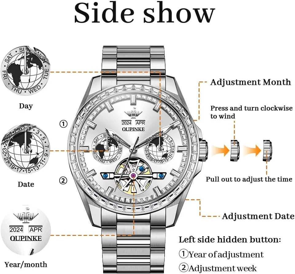 Automatic Watches Diamond Skeleton Self Winding Luxury Dress Wrist Watch Sapphire Crystal Tungsten Steel OUPINKE abalone Mens 