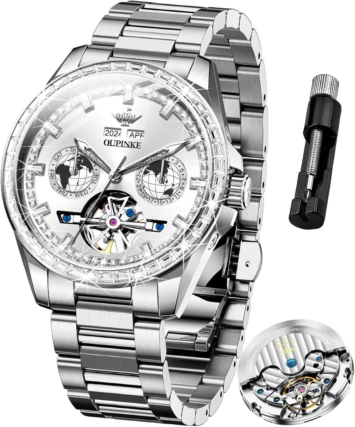 Automatic Watches Diamond Skeleton Self Winding Luxury Dress Wrist Watch Sapphire Crystal Tungsten Steel OUPINKE abalone Mens 