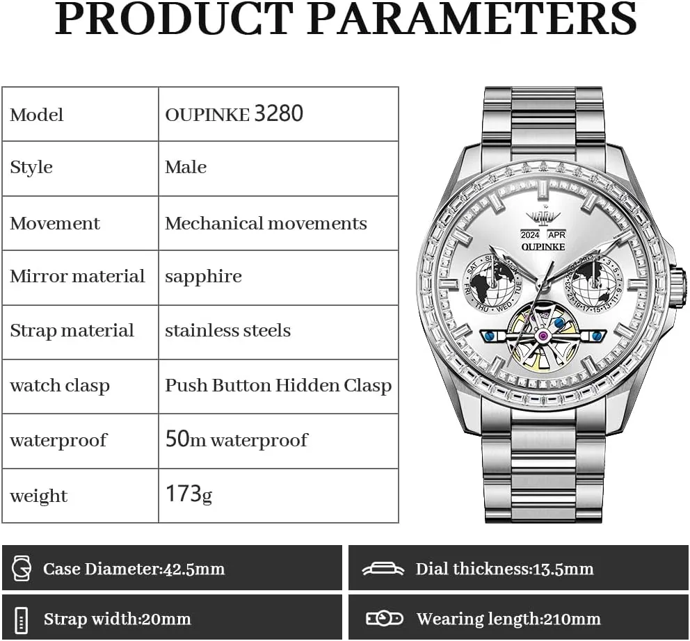 Automatic Watches Diamond Skeleton Self Winding Luxury Dress Wrist Watch Sapphire Crystal Tungsten Steel OUPINKE abalone Mens 