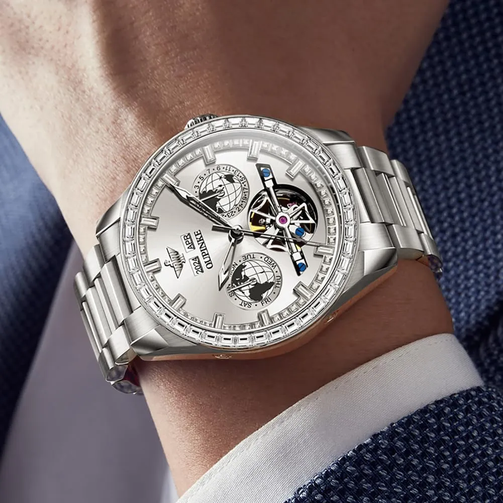 Automatic Watches Diamond Skeleton Self Winding Luxury Dress Wrist Watch Sapphire Crystal Tungsten Steel OUPINKE abalone Mens 