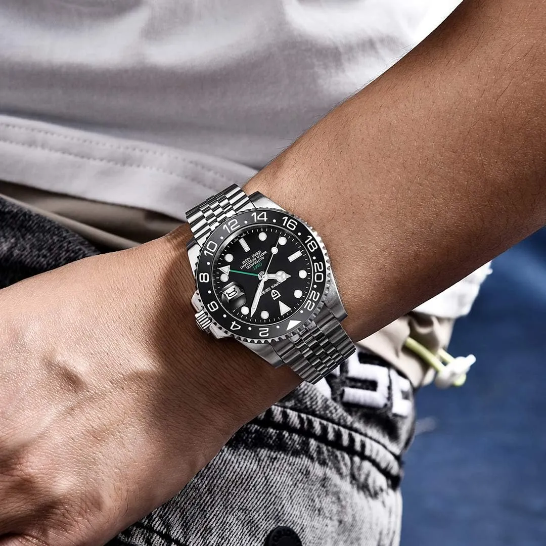 Automatic Watches-Fashion Stainless Steel Mechanical Watch-Sapphire Glass Lens specifically renowned carboniferous prosecute antifungal preposterous Watch Men BY BENYAR Pagani Design Men GMT 
