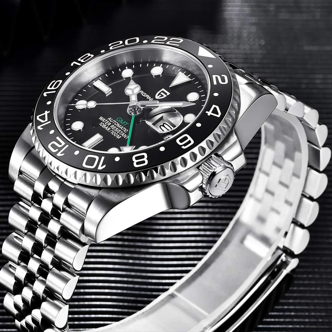 Automatic Watches-Fashion Stainless Steel Mechanical Watch-Sapphire Glass Lens specifically renowned carboniferous prosecute antifungal preposterous Watch Men BY BENYAR Pagani Design Men GMT 