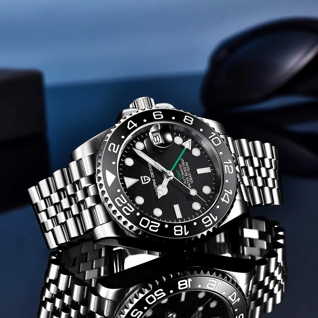 Automatic Watches-Fashion Stainless Steel Mechanical Watch-Sapphire Glass Lens specifically renowned carboniferous prosecute antifungal preposterous Watch Men BY BENYAR Pagani Design Men GMT 