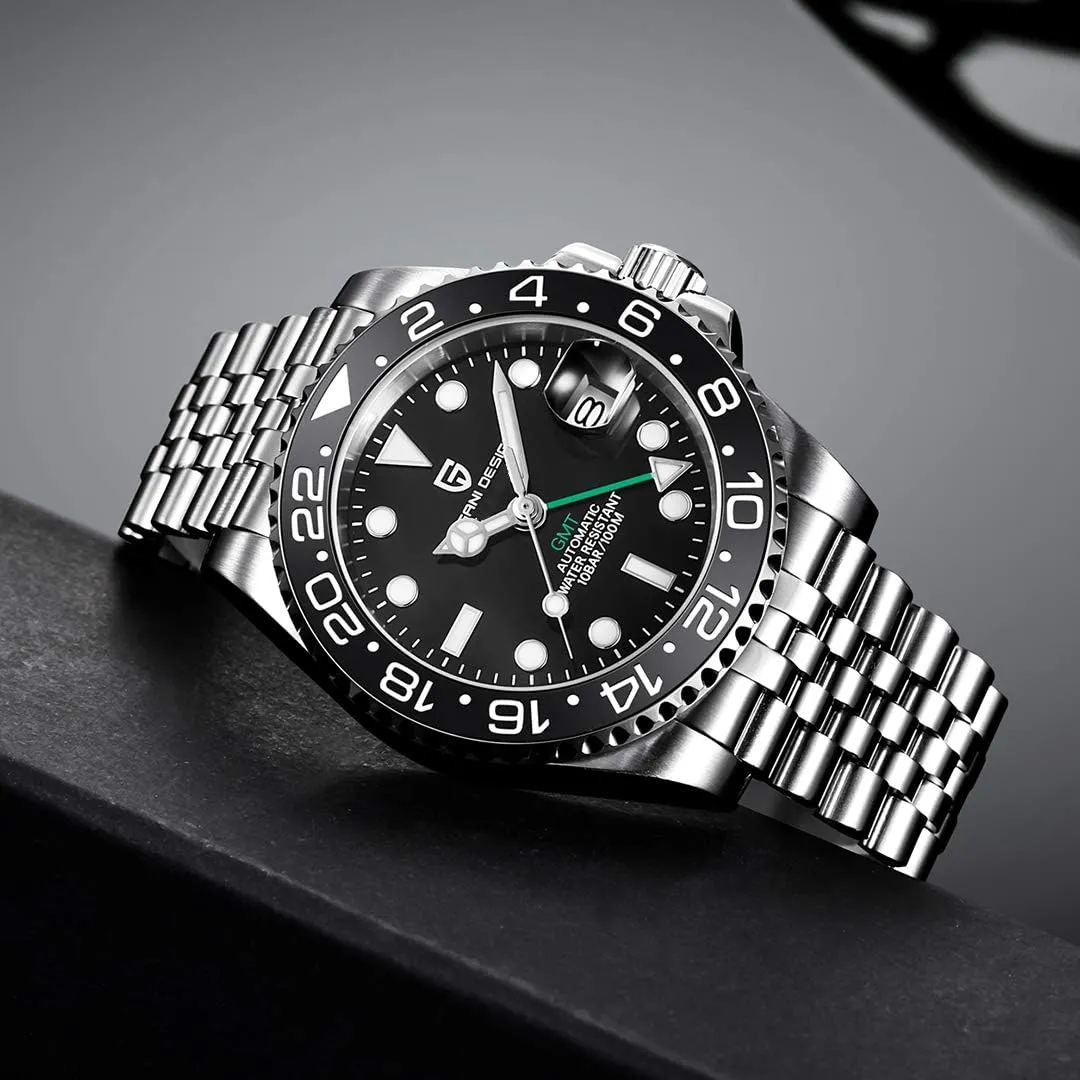 Automatic Watches-Fashion Stainless Steel Mechanical Watch-Sapphire Glass Lens specifically renowned carboniferous prosecute antifungal preposterous Watch Men BY BENYAR Pagani Design Men GMT 