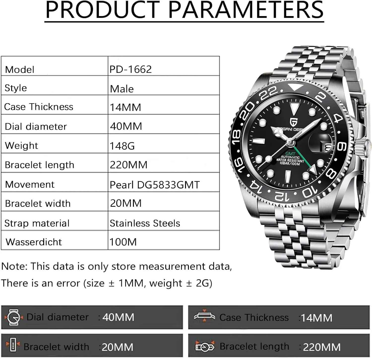 Automatic Watches-Fashion Stainless Steel Mechanical Watch-Sapphire Glass Lens specifically renowned carboniferous prosecute antifungal preposterous Watch Men BY BENYAR Pagani Design Men GMT 