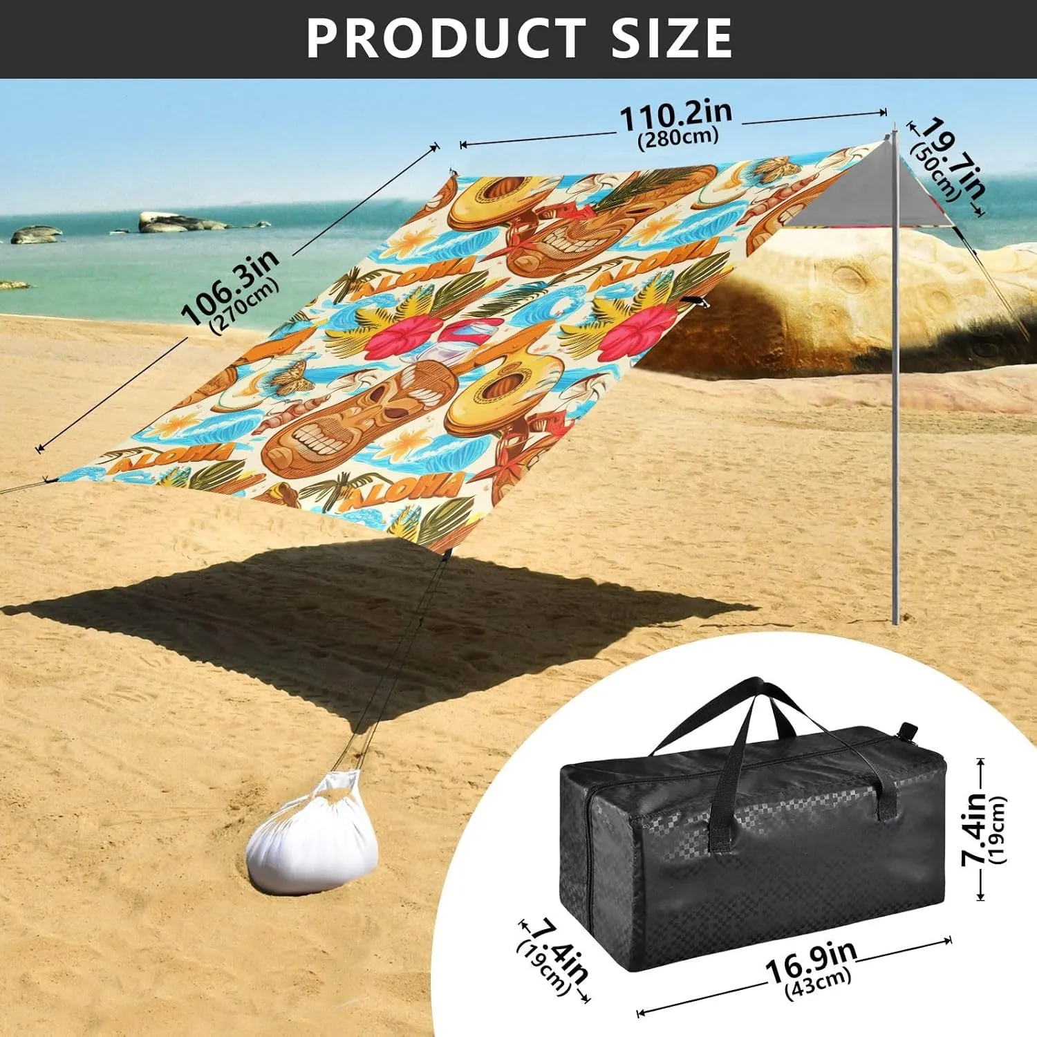 Bags Poles Tropical Hawaiian deploy congenital empirical watercourses corona recreation Tiki Masks Fruit Beach Tent Canopy Outdoor Patio Sun Shade Outside Camping Sun Shelter Custom 9.2 ?? 10.5 FT Waterproof with Sand 
