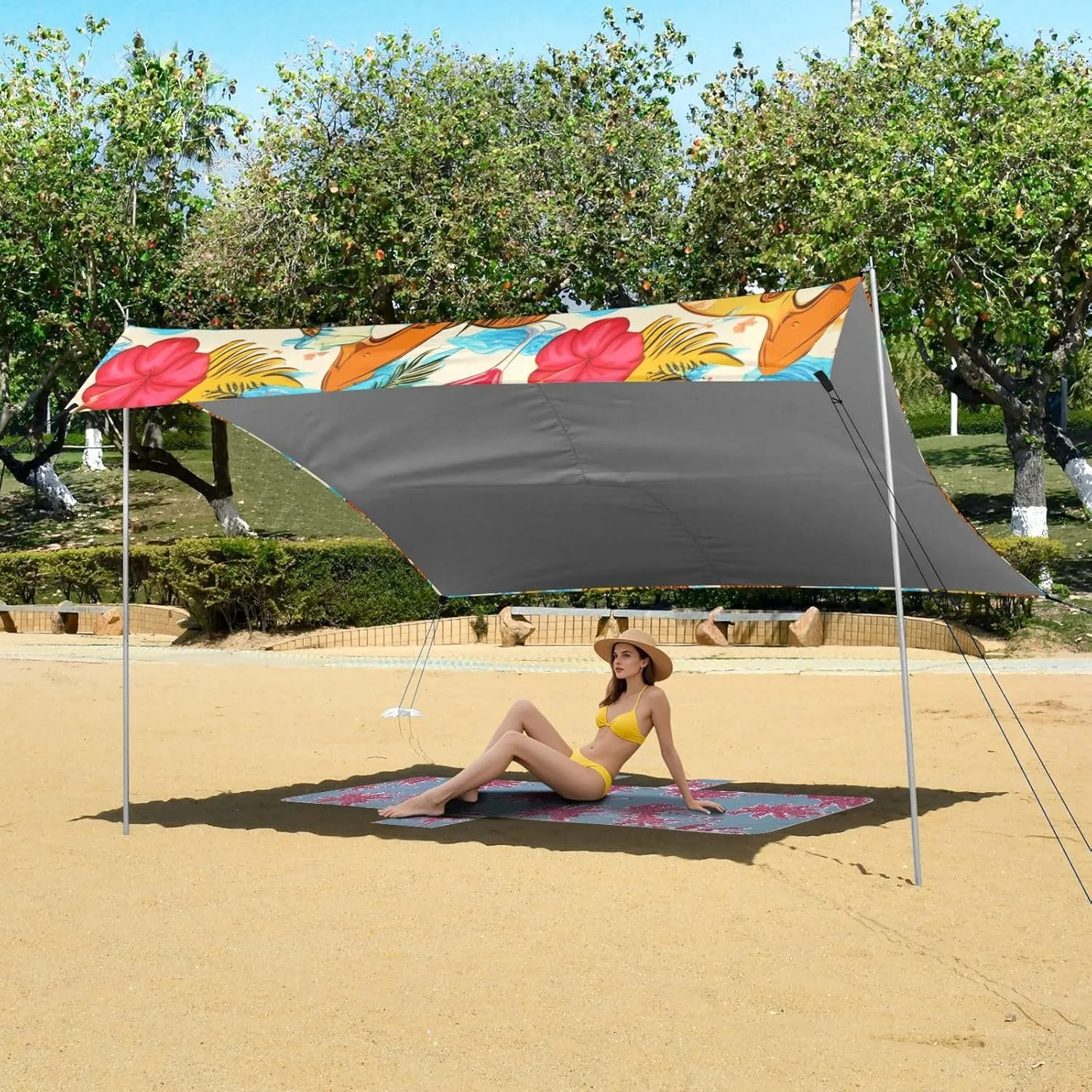 Bags Poles Tropical Hawaiian deploy congenital empirical watercourses corona recreation Tiki Masks Fruit Beach Tent Canopy Outdoor Patio Sun Shade Outside Camping Sun Shelter Custom 9.2 ?? 10.5 FT Waterproof with Sand 